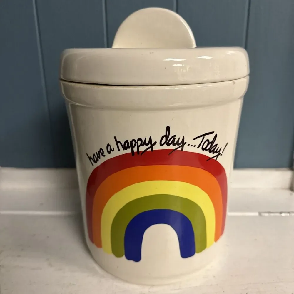 Vtg‎ Califonis Pottery Rainbow 9” Ceramic Cookie Jar Have a Happy Day… Today!